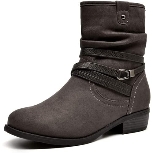 VJH confort Women's Mid Calf Boots, Fur Lined Round Toe Low heel Cross Straps Slouchy Booties with Zipper