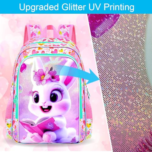 Image of CCJPX 3Pcs Bunny Backpack for Girls, 16 inch Kids Bookbag with Lunch Box, Water Resistant Elementary School Bag for Kindergarten Preschool Toddler (Pink)
