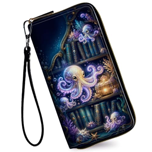 Image of Women's Wallets Credit Card Holder Money Leather Long Wallet | Long wallet with Wristlet,Large Capacity with Zip-Around Phone Purse for Women Ladies Girls,Octopus Bookshelf