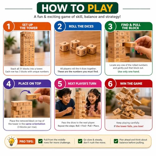 Image of MiniExplorer Toys & Games Wooden 54 pcs Tumbling Tower Party Game for Kids and Adults, Wooden Blocks with Dices Game|Indoor Stacking Puzzles Blocks for Families, Fun Balancing Toy for Boys & Girls