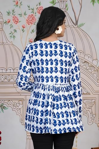 Image of LABEL ADRIJA Women's Cotton Floral Relaxed Short Kurti (ASK-0003-L-W White