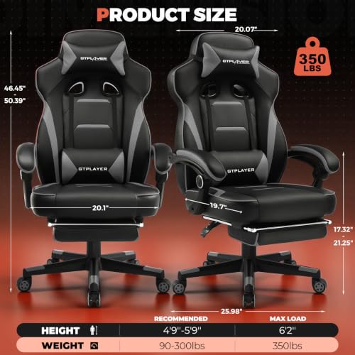 Image of GTPLAYER Gaming Chair with Footrest, 350LBS Big and Tall Office Chair, Ergonomic High Back Lumbar Support and Recliner for Back Pain Relief, Moon Gray