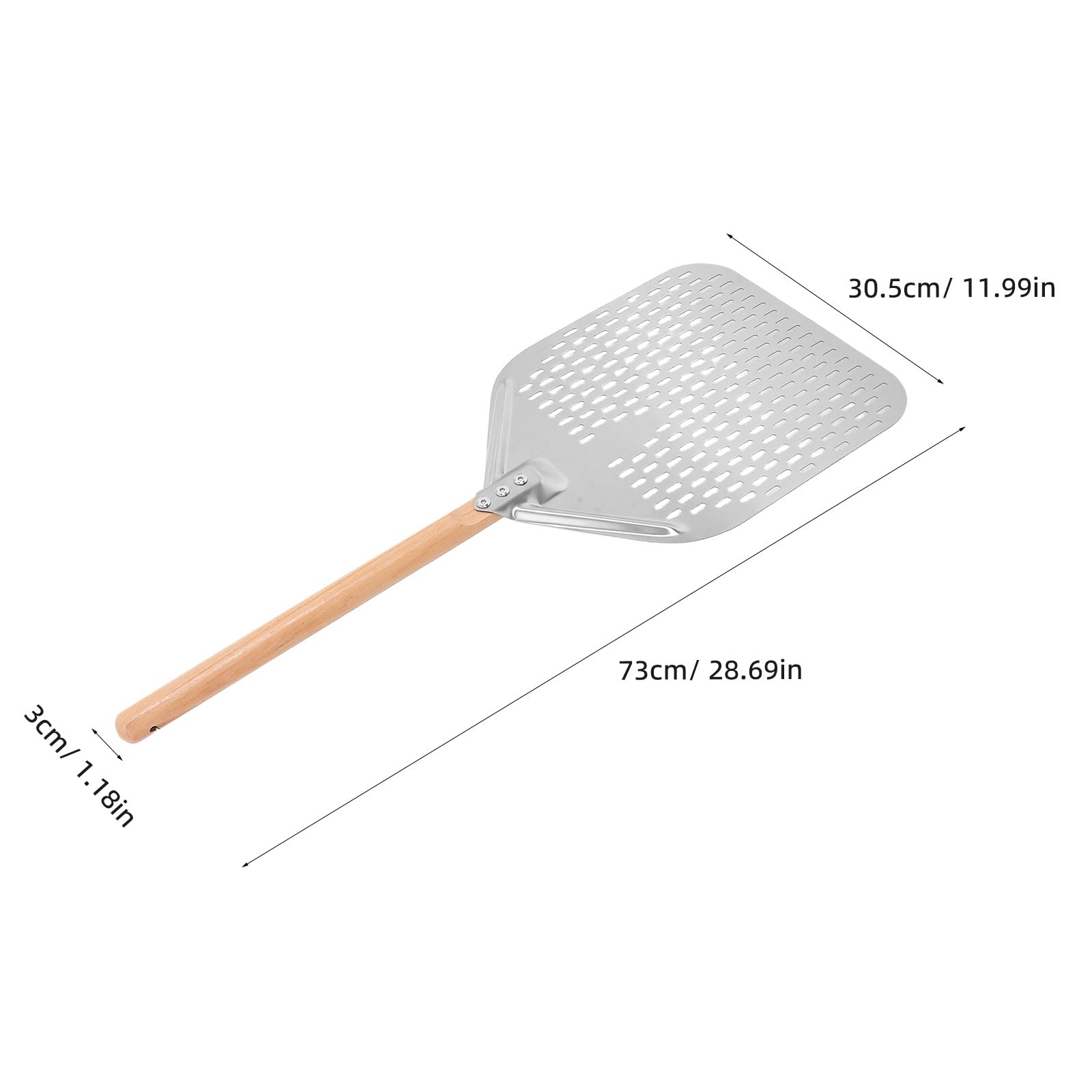 DOITOOL Pala de pizza de acero inoxidable con mango de madera para fácil almacenamiento - Pala perforada con agujeros para hornear pan artesanal casero 28.69 x 11.99 pulgadas