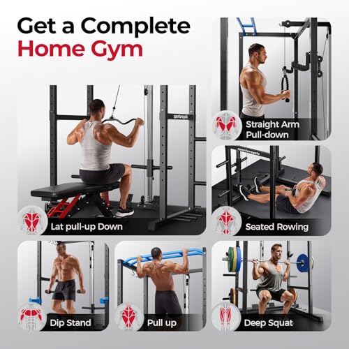 Image of SPORTSROYALS Power Rack, Multi-Functional Power Cage, Squat Rack with Pulley System & LAT Pull Down, Workout Cage with J Hooks for Home Gym