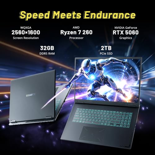 Image of GIGABYTE A18 3VH 18 inch WQXGA 165Hz Gaming Laptop, AMD Ryzen 7 260, NVIDIA GeForce RTX 5060 8GB GDDR7, 32GB DDR5, 3TB Storage (2TB+1TB Docking Station Set), 1-Zone RGB Backlit Keyboard, Win 11, Black