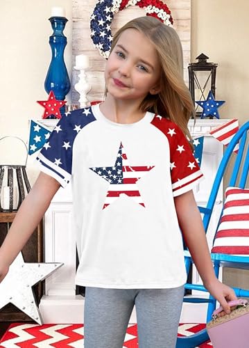 Image of CAZYCHILD Girls 4th of July USA Shirt American Flag Patriotic T-Shirt Independence Day Outfit for Kids 5-14Years
