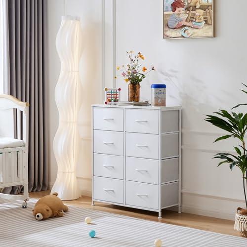 Image of OLIXIS Dresser for Bedroom, 8 Storage Drawers, Tall Large Fabric Storage Tower Organizer, Chest of Drawers with Metal Frame Wooden Top for Nursery, Closet, Living Room, Entryway, White