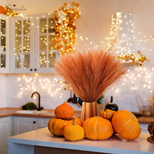 Image of Serwalin Pampas Grass Decor 17.7 Inch 6 Pcs Orange Pampas Grass, Faux Burnt Orange Pampas Fall Boho Decor, Wedding Party Table Centerpieces Rust Home Decor Pampas Floral Arrangement
