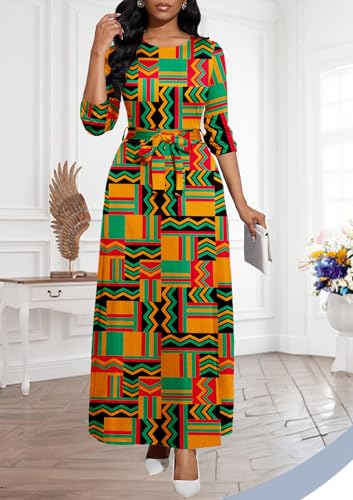 Image of BubFee Long Dress for Women Casual Long Sleeve Dresses Maxi Dress Empire Waist Loose with Belt