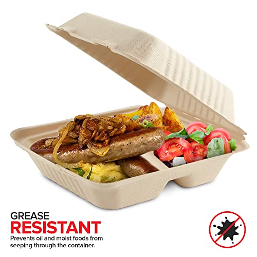 Clamshell Take Out Food Containers 8 X 8 (50 Pack) 3-Compartment, Disposable To Go Container, Togo Boxes With Lids, Trays For Lunch, Dinner, Meal-Prep, Eco Friendly, Compostable, Biodegradable #TOP4