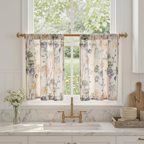 Image of MYSKY HOME Floral Linen Kitchen Tier Cafe Curtains 24 Inch Length 2 Panels Farmhouse Semi Sheer Privacy Small Window Treatments Rod Pocket for Bathroom Basement, Sage Green, 30 inch Wide