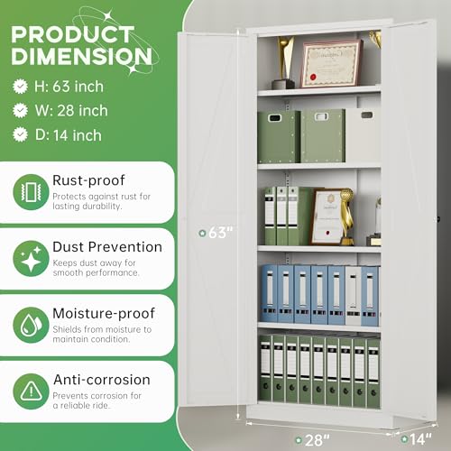 Image of INTERGREAT Metal Storage Cabinet with Magnetic Doors, 63 inch H Modern Classic Style Metal Cabinets with 2 Doors and 4 Adjustable Shelves for Home Office, Kitchen, Bathroom (White)