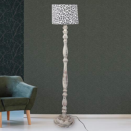 Tu Casa TC-149.-.Height-56.5".-.Leopard printShade.-.with Mango Wood Base FloorLamp (B-22 - Brass Holder-Bulb NOT Included).-Bed Switch-Not Included, White, L * W * H (11.5x11.5x56.5'Inches)