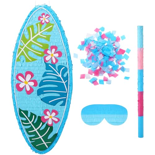 Tasdurian 23 Inch Blue Surfboard Pinata Hawaiian Luau Surfboard Pinata Large Tropical Beach Party Piata with Stick Blindfold Confetti Plumeria Palm Leaves Patterned for Summer Pool Party Decorations
