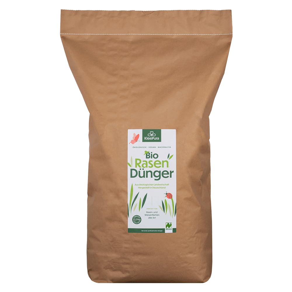 Bio Rasendünger 22,5 kg. NATURLAND zertifizierter Dünger aus 100% Bio-Klee. Organischer Rasendünger für Herbst & Frühjahr