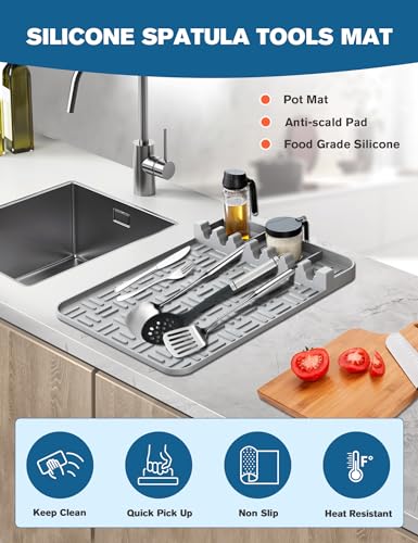 Blackstone Griddle Spatula Mat, 15.5x10.5 Inch Large Silicone Spatula Mat, Silicone Utensil Rest with Drip Pad, Cooking & Countertop, Griddle Accessories for Blackstone Silicone Mats(Gray)