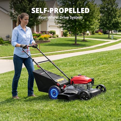 Image of AMERISUN 21-Inch Gas Lawn Mower Self Propelled with 170cc OHV Engine, 3-in-1 Cutting System, 6-Level Height Adjustment, 1.4-Bushel Grass Catcher, Foldable Handle for Easy Storage