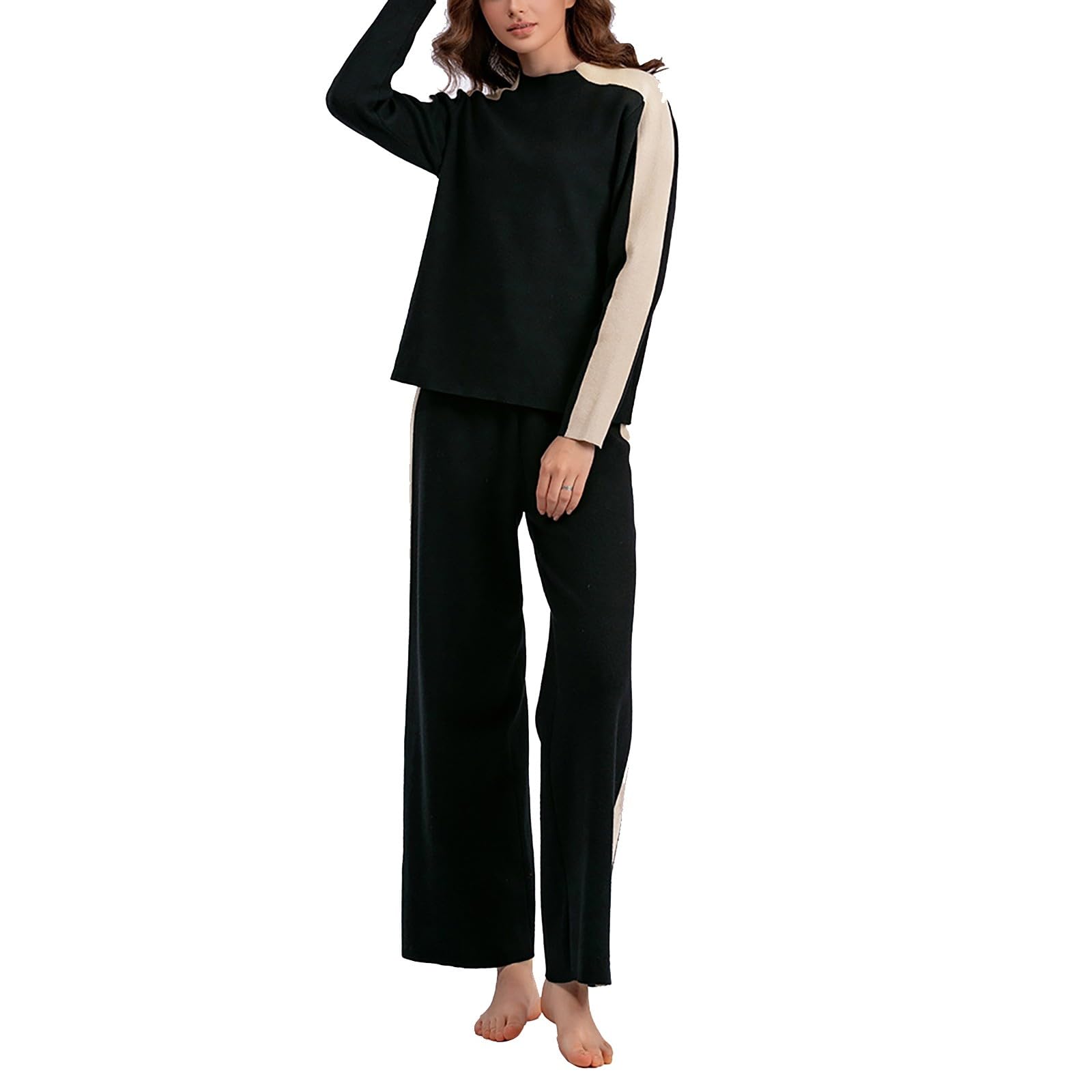Suéter de punto de manga larga con cuello redondo para mujer, para otoño e invierno, color liso, pantalones de pierna ancha, versión holgada, ropa casual para el hogar, conjunto de pijama de algodón