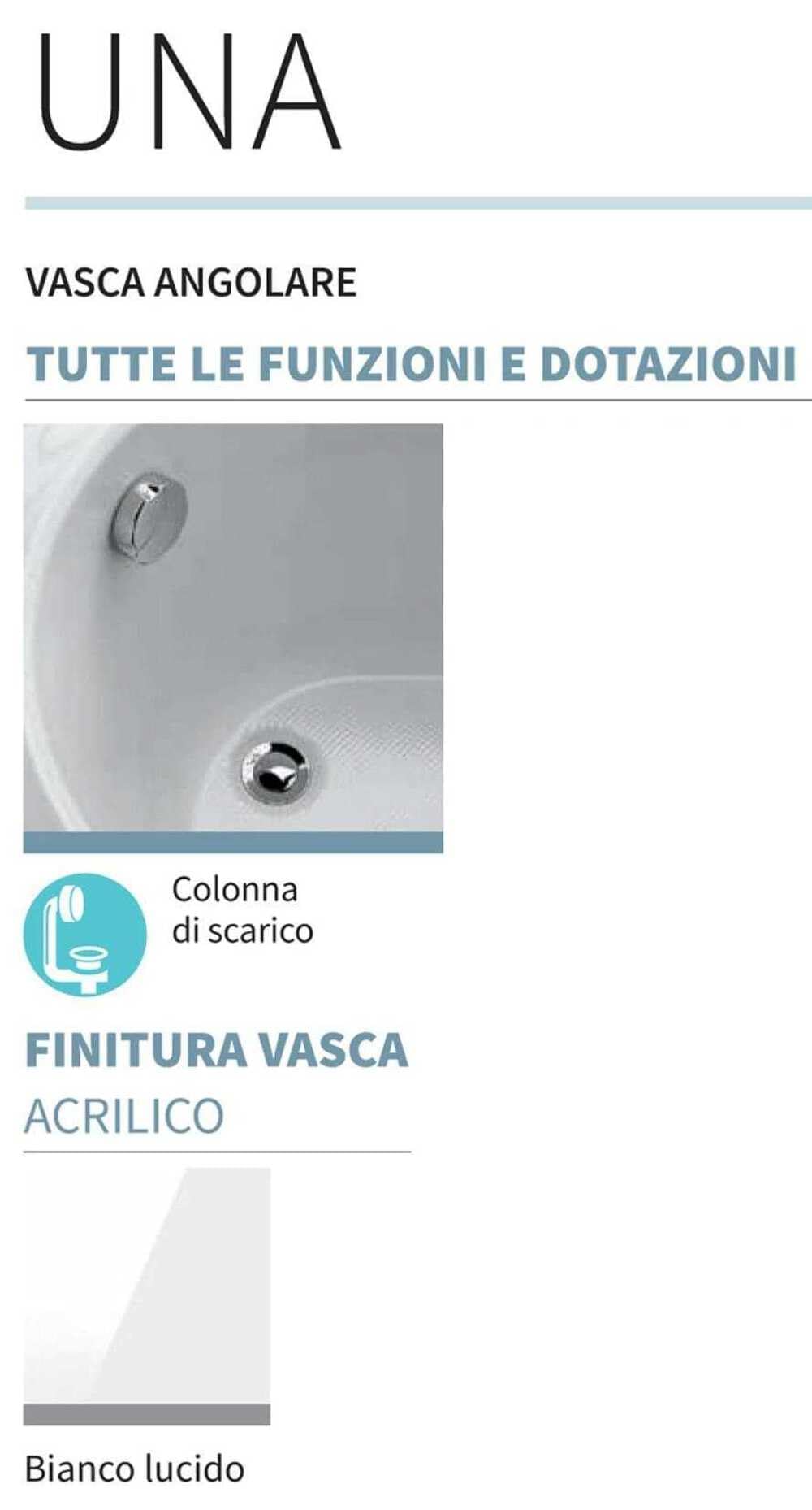 Vasca Bagno Angolare Angolo Simmetrica Novellini Una Standard con telaio 135x135 H55 cm 190 Litri Colonna Scarico Pannello Frontale Curva Guscio Tradizionale Acrilico Bianco Lucido Reversibile
