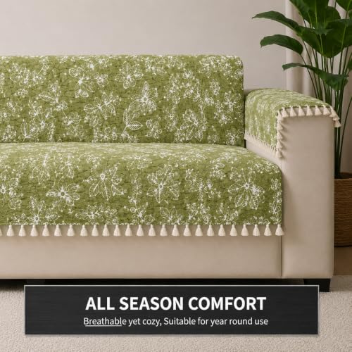 Image of STITCHNEST Woven Fabric Sofa Cover 3 Seater with 2 Hand Rest Covers - Washable Green Sofa Cover with Tassels - Durable Premium Fabric - Stylish Sofa Protector for Living Room & Furniture Decor