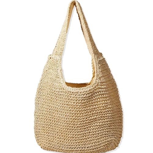 Ginnmo Bolsa de praia de palha, sacola grande de tecido para mulheres, bolsa de ombro para praia, bolsa retrô boho para compras e viagens, Bege, 16.5 x 7 x 14 inches