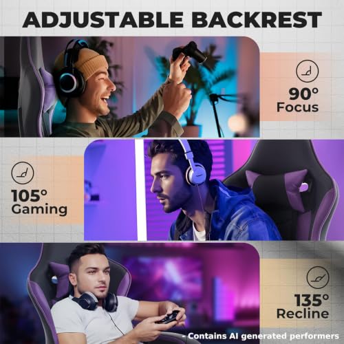 Image of Gaming Chair with Footrest for Home Office - High Back Computer Chair with Headrest and Lumber Support, Ergonomic Height Adjustable Leather Game Chairs (Black+Purple)
