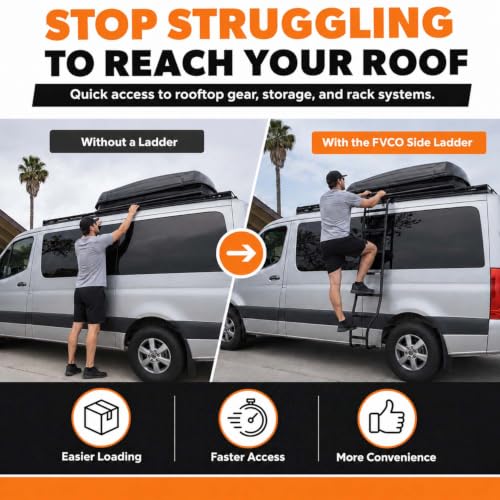 Image of FVC Wheel Wrap Side Ladder for 2007-2026 Low Roof Mercedes Benz Sprinter | Mounts to the Factory Roof Rails, Retains T-Vent or Pop-Out Windows on Driver Side, Seven Gripped Steps