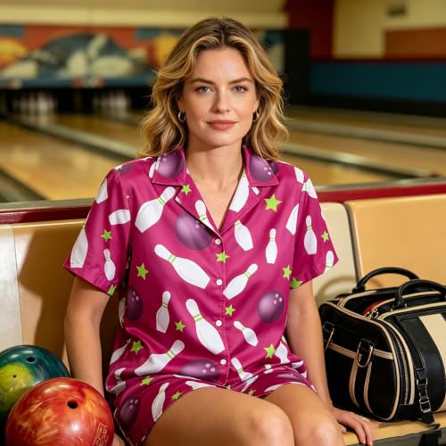LOTUCY Bowling Shirts Women Bowler Button Down Short Sleeve Gift Tee Purple — view 3