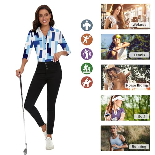 Image of Soneven Womens Golf Polo Shirts 3 /4 Long Sleeve V Neck Button Down Shirts Business Causal Work Blouses Tops
