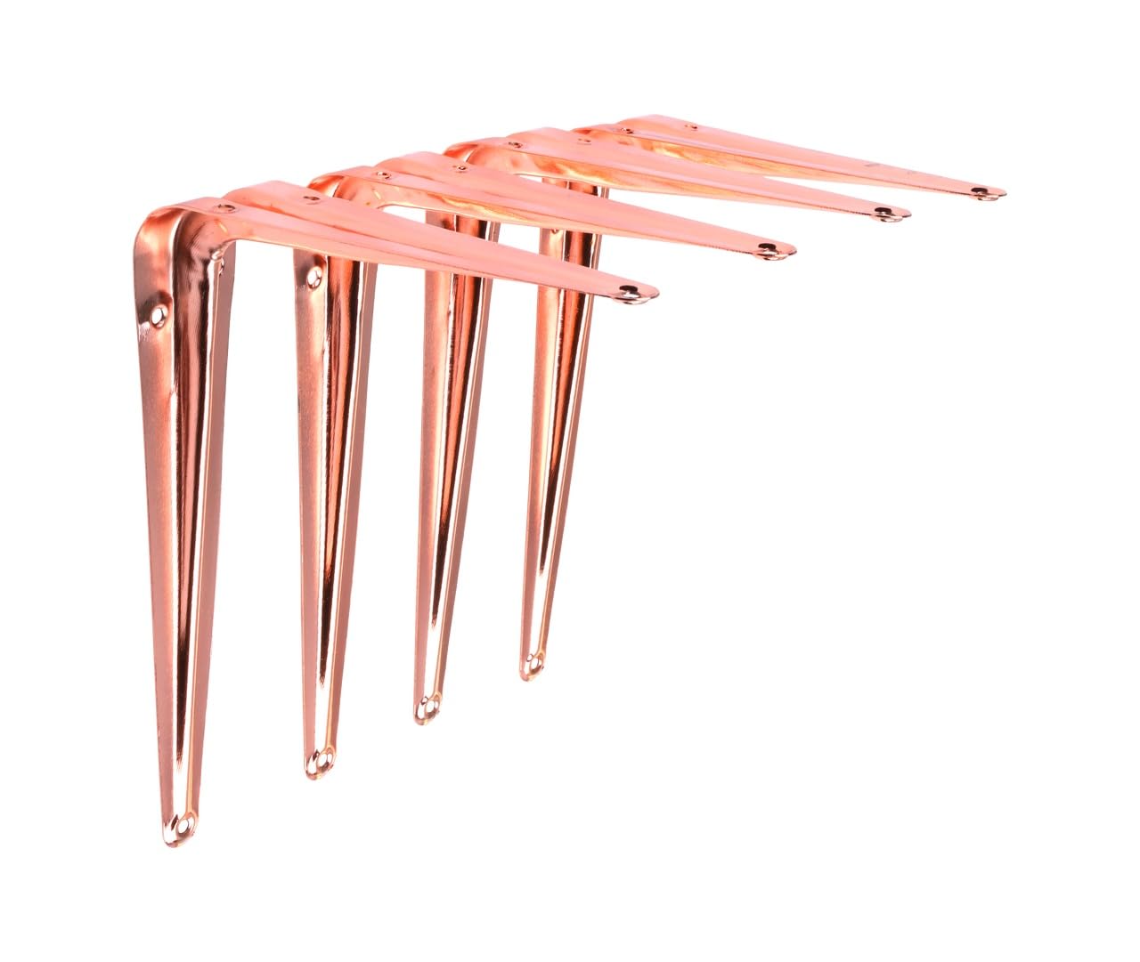 Stiley Living London Shelf Brackets - Heavy Duty Slim Metal Wall Shelf Supports, Tapered Decorative Brackets for Shelving, Industrial Style - 4 Pack (Polished Copper, 150mm x 200mm)