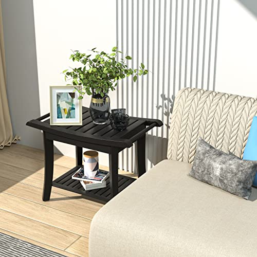 Bamboo Shower Stool Bench Waterproof With Storage Shelf For Shaving Legs Or Spa Bath Seat In Bathroom & Inside Shower For Adults Seniors Elderly (24 X 13.4 X 18.5 Inches+Black) #TOP3