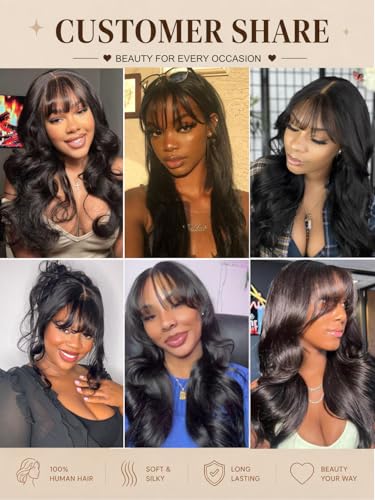 Image of UNICE Pre Everything Body Wave 13x4 Lace Front Wigs Human Hair with Bangs Glueless Wig Human Hair Pre Plucked Pre Cut Lace Bleached Knots Ready to Wear Frontal Wig Black Color 20 inch