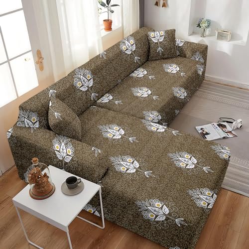 Image of Amazon Brand - Solimo L-Shaped Sofa Printed Slipcover | 2 Pieces Elastic Sofa Cover | High Density Stretch Fabric | Universal Fit (Brown)