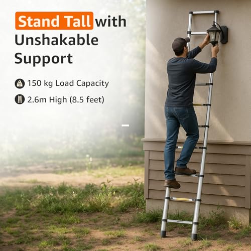 Image of Amazon Basics 2.6m (8.5 feet) Portable & Compact Aluminum Telescopic Ladder | 2-Year Warranty | EN131 Complied 9-Steps Foldable Multipurpose Step Ladder for Home & Outdoor use
