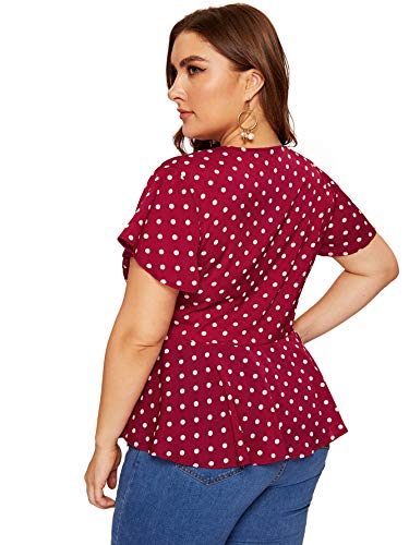 Romwe Womens Plus Size Polka Dots Knot Front Deep V Neck Short Sleeve Blouse Tops Red 2X Plus #TOP1