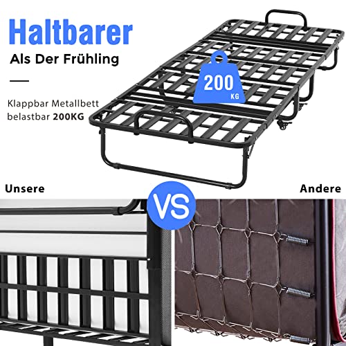 DICTAC Klappbett 90x200cm Erwachsene mit ca.13CM Matratze aus Gedächtnisschaum Gästebett Klappbar Metallrahmen Klappbetten mit Rollen Reisebett Faltbares Metallbett Stabil bis 200 kg belastbar