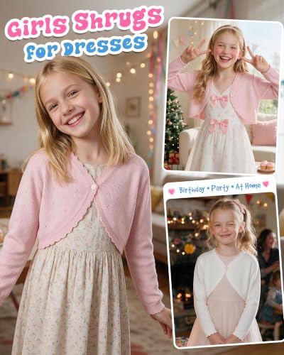 Image of Girls Cardigan, Girls Bolero Shrug Sweater, Kids Knit Hollow Out Long Sleeve, Button Cover Up Cropped Tops
