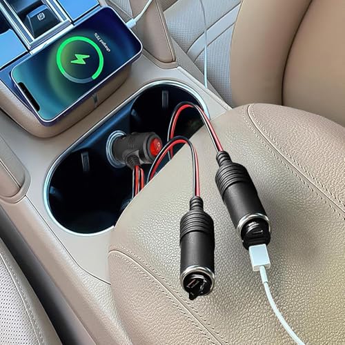 Image of Car Cigarette Lighter Splitter, 2-Socket Adapter Extension Cord, 12V /24V DC Car Charger Power Port with On /Off Switch, Dual Port Plug for Cars, Trucks, RVs, Boats - 1 to 2 Splitter