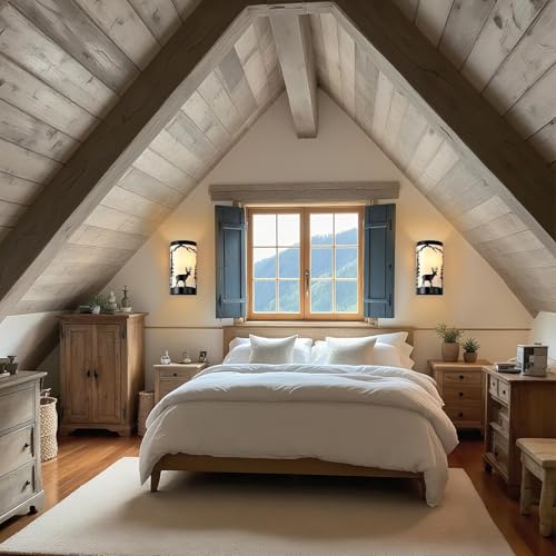 Image of Wall Sconces Set of Two,Deer Cream White Parchment Rustic Wall Sconces,Farmhouse Black Sconce Light,Industrial Metal Indoor Wall Lamps for Bedroom,Living Room,Hallway(Hardwired Only)