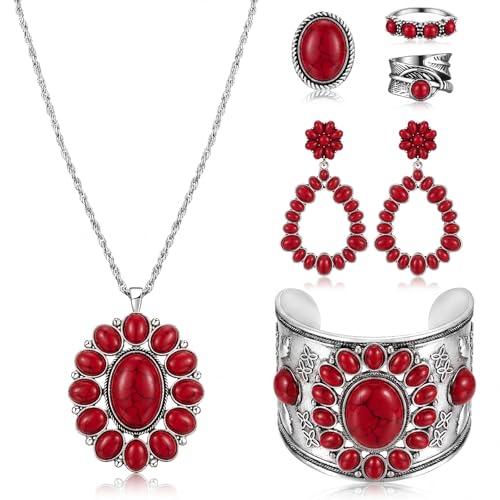 Image of Ecally Bohemian Western Jewelry Turquoise Set Women Country Pendant Long Choker Layered Bracelets Earrings Ring for Women