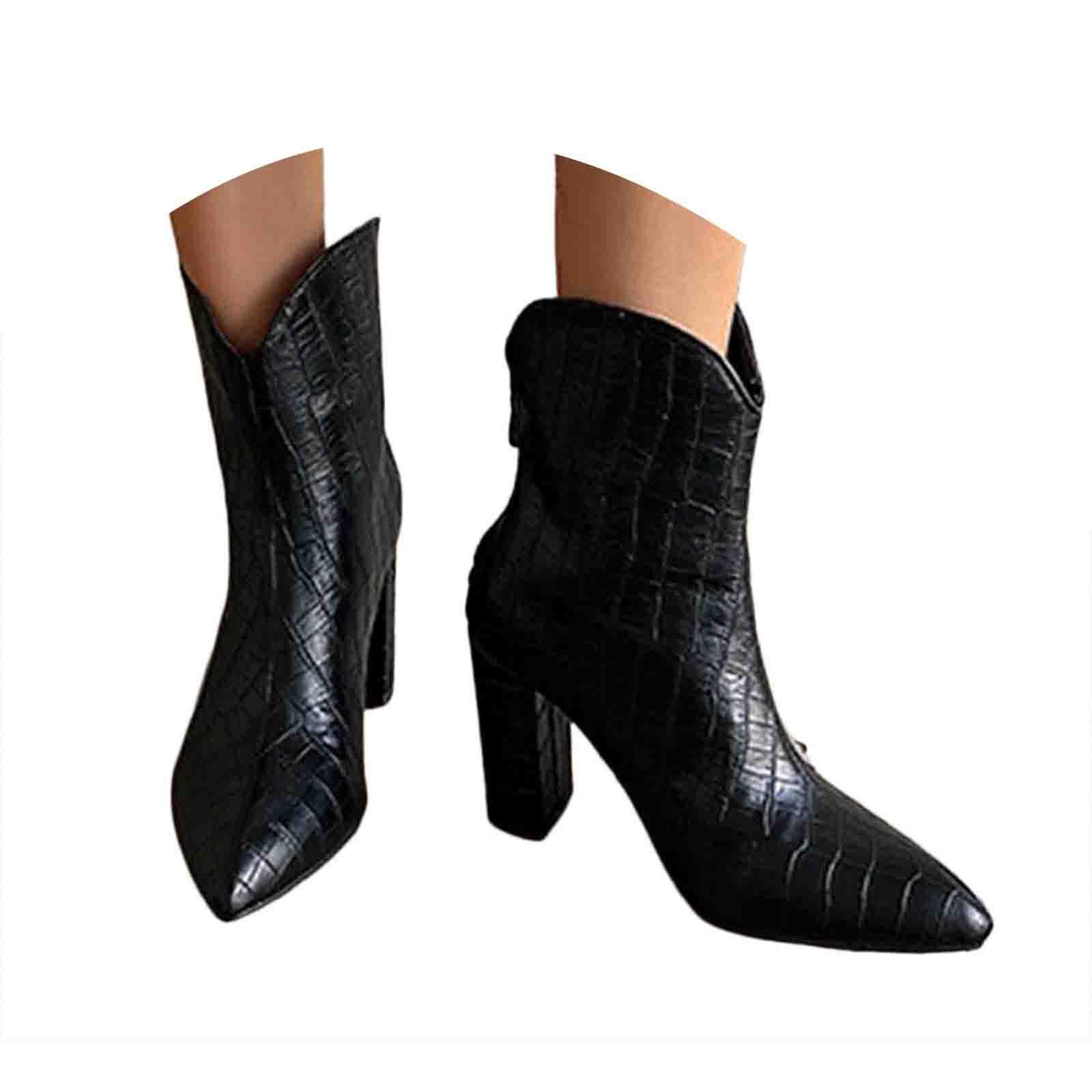 Black Ankle Boots for Women 2025 Wide Width Pointed Toe Chunky Stacked High Heels Faux Leather Booties with