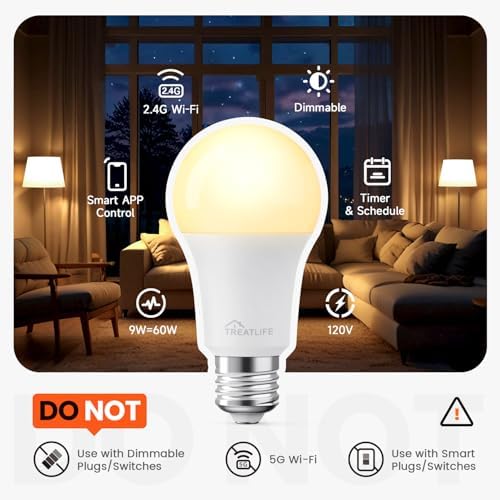 TREATLIFE Smart Light Bulbs 4Pack, 2.4GHz WiFi Smart Bulb, 2500K-6500K Tunable White Dimmable LED Light Bulb Compatible with Alexa and Google Home, 800LM, E26 A19 9W, No Hub Required