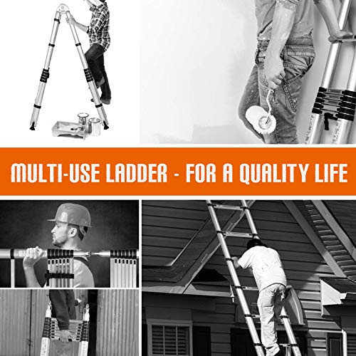 SUNCOO 16.5FT Telescoping Ladder Lightweight, Anti-Slip Aluminum Collapsible Extension Ladder, Quick Button Retraction Multi-Purpose Telescopic Ladders Compact Attic Ladder, 330lbs Max Capacity