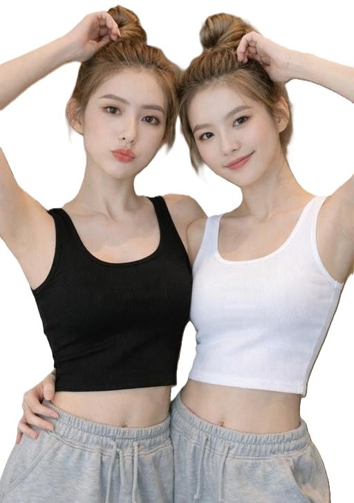 Women Ribbed Camisole Set Pack of 2 Sleeveless Soft Stretchable Crop Top Modern Casual Summer Essential-picture-59