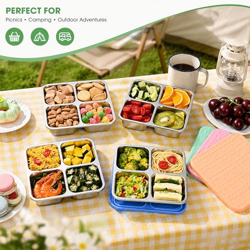 Image of 4 Pack Stainless Steel Snack Containers with Silicone Lids, Leakproof Bento Snack Boxes, Reusable 4 Compartment Metal Lunch Containers, Dishwasher Safe Food Storage for Meal Prep, Work & Travel