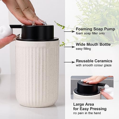 Image of BosilunLife Striped Beige Ceramic Bathroom Accessories Set of 4 | Bathroom Decor Sets Accessories Bathroom Foam Soap Dispenser and Toothbrush Holder Set, Soap Dish, Apothecary Jars.(Foam)