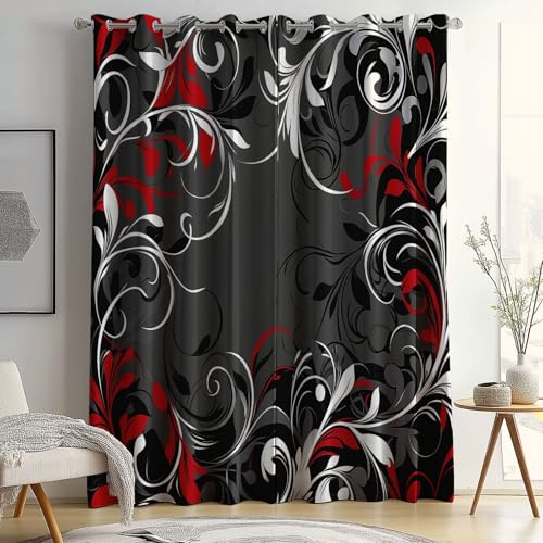 Cortinas con Ojales Gris Rojo, Cortinas Opacas para decoración del hogar con Aislamiento térmico Florales Remolinos, Cortinas Estampadas para Dormitorio y Sala de Estar 70 x 160 cm (2 Paneles)