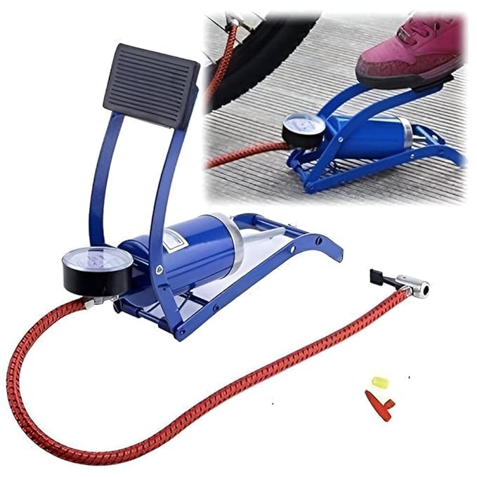 Image of Single Barrel Steel Body Foot Pump for car, Bike, scoote | Air Pump for Motorcycle Car | High Pressure Foot Pump, Bike Motorbike Inflation Pump with Pressure Gauge, Foot Pedal Inflator