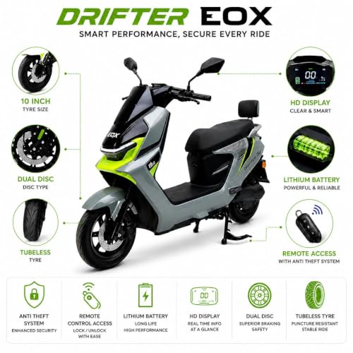 Image of EOX DRIFTER Electric Scooter for Adults | 48V Removable Lithium Battery | 50-70 km Long-Range Ride | Lightweight Non-RTO E-Scooter | 180 kgs Weight Capacity (OLIVE BLAST)