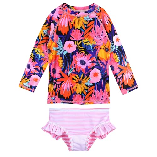 Image of XFGIRLS Girls 2-Piece Swimsuit Long Sleeve Rash Guard Set Toddler 6M-8Y | UPF 50+ blocks 98% UV, Quick-dry, Easy on /off, Bright colors stand out, Machine wash, Breathable, Beach, swim, water park